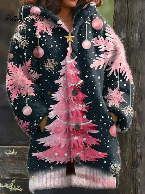 Women's Christmas Tree Pattern Art Print Casual Fleece Coat