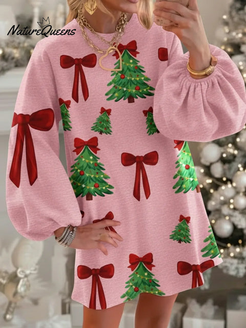 Sweet Christmas Print Round Neck Lantern Sleeve Dress