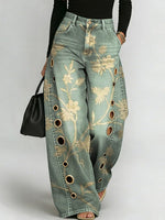 Women's Vintage Flower Print Casual Fashion Cutout Jeans