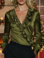 Women's Solid Color V-neck Ruffled Long-sleeved Casual Loose Satin Top