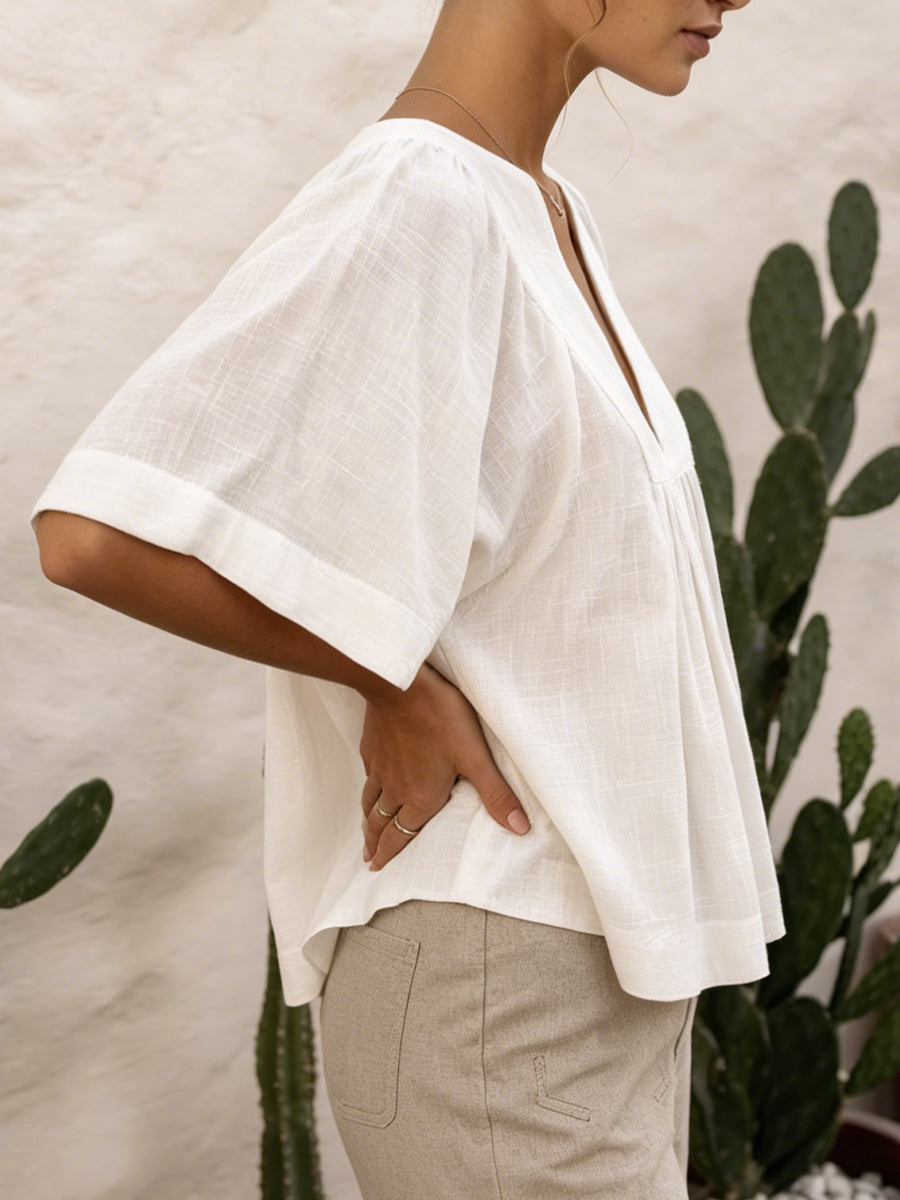 Women's Cotton And Linen V-neck Doll Blouse