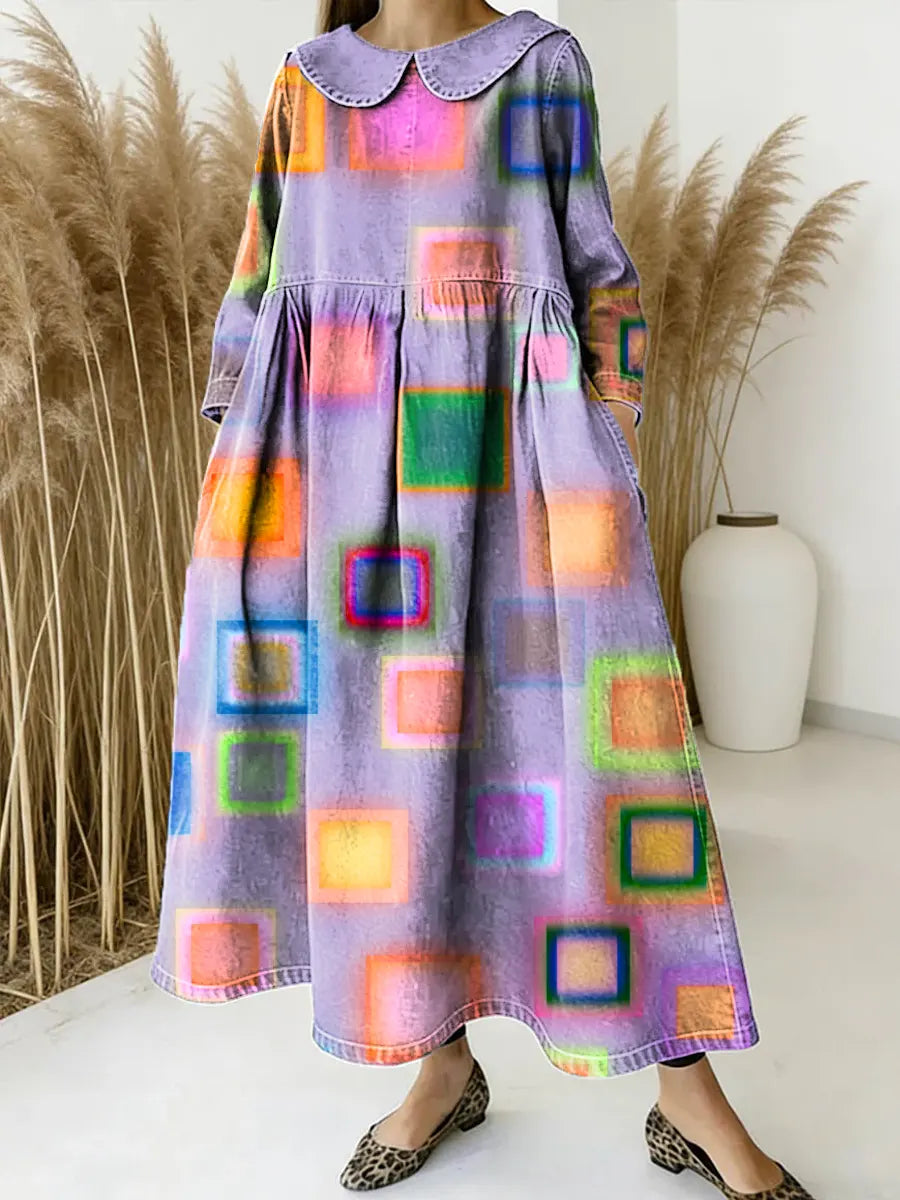 Women Geometric Pattern Art Print Casual Denim Dress