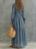Women's Retro Lapel Denim Organza Patchwork Art Casual Maxi Dress
