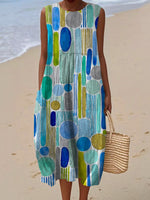 Women's Vintage Geometry Art Print Sleeveless Cotton Pocket Wrap Dress