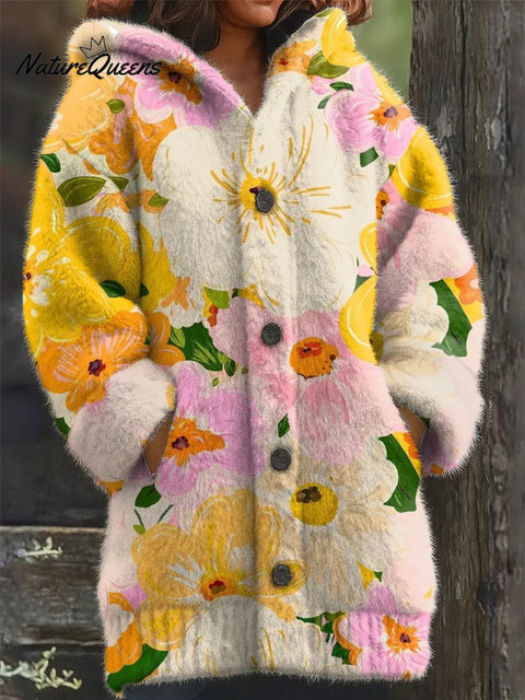 Women's Floral Pattern Art Print Casual Fleece Coat