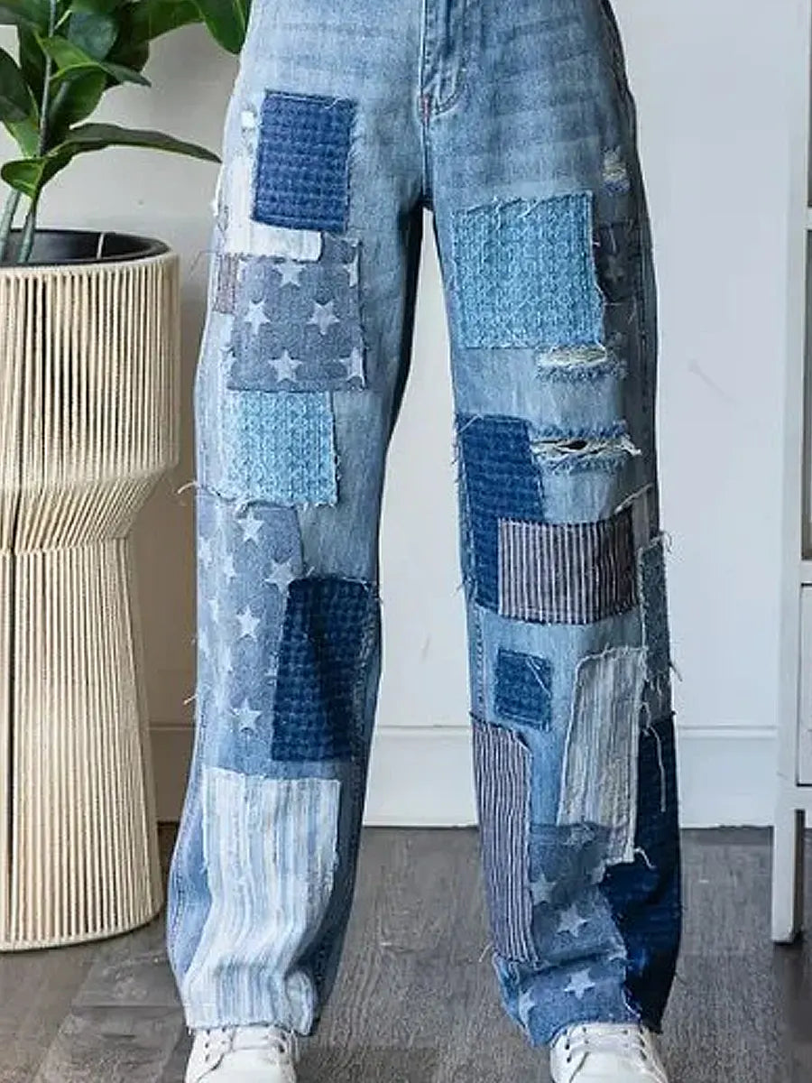 Women's Vintage Pattern Art Print Casual Cotton Denim Jeans