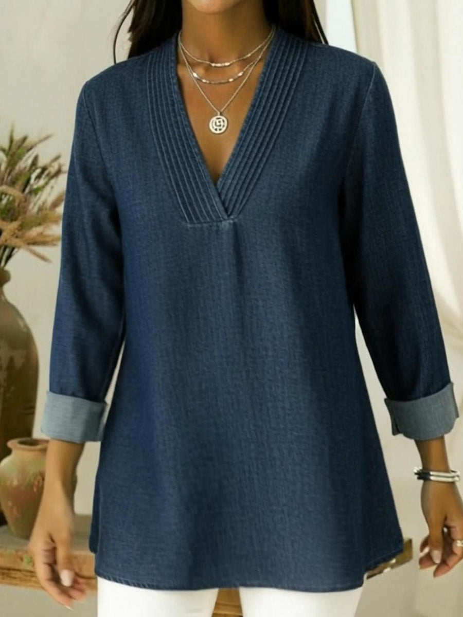 Elegant V-neck Pleated Denim Cotton Top