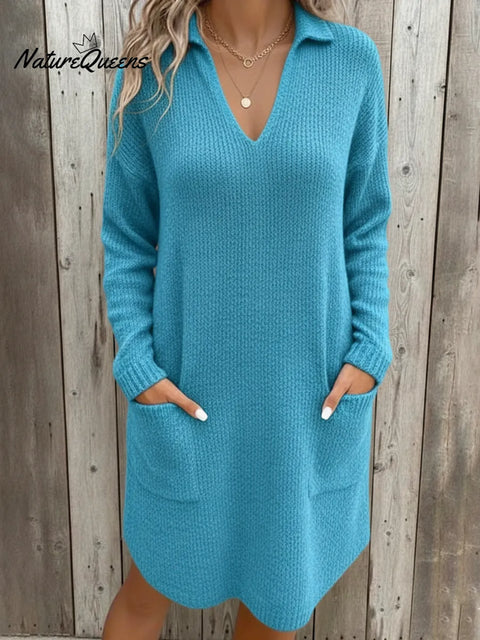Women's Casual V-neck Collared Pocket Knit Dress