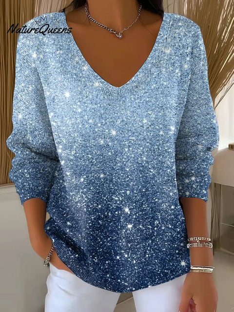 Women's Blue Gradient Sparkling Print V-neck Sweater