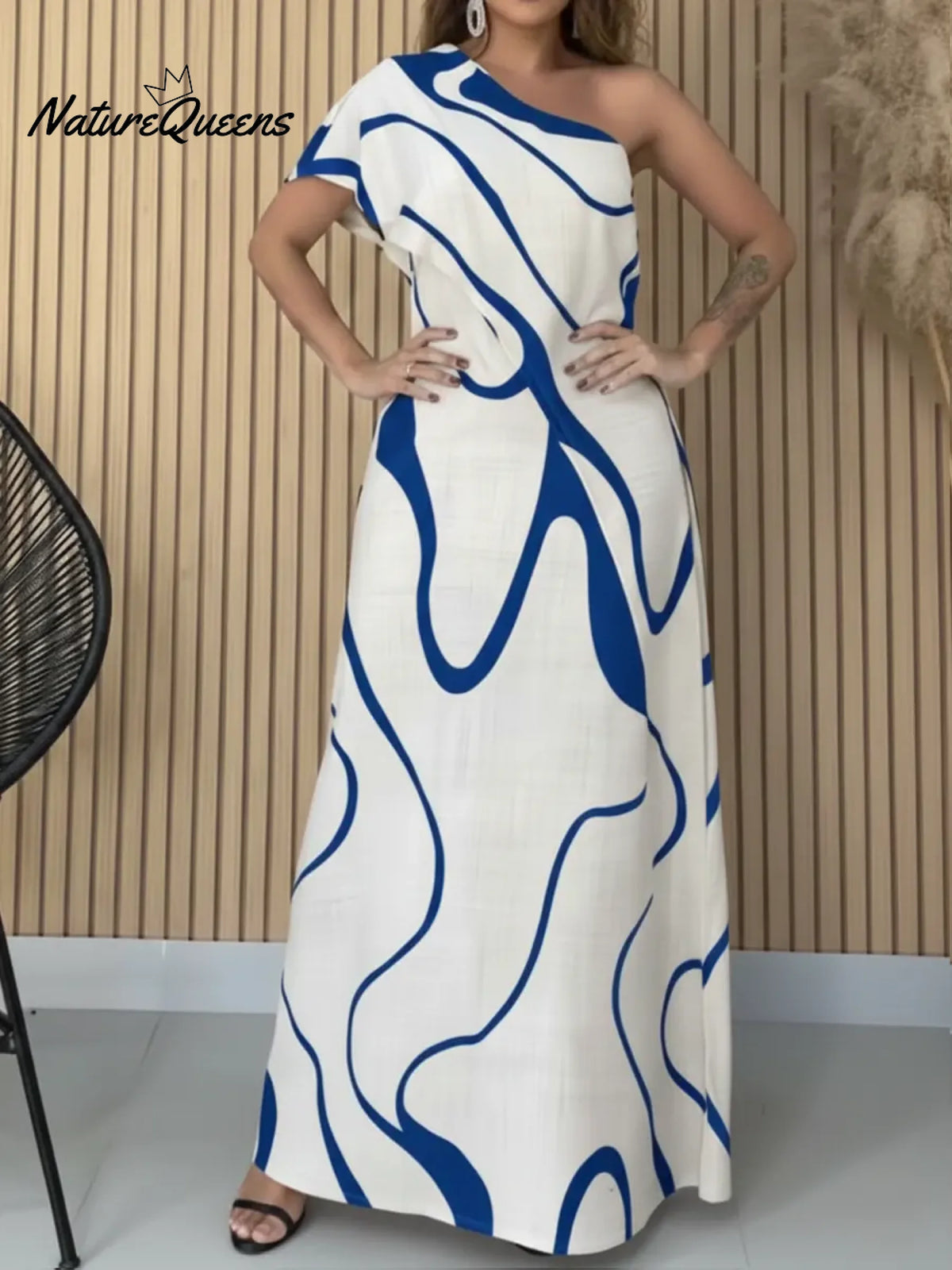 Women's Artistic Print Casual Resort Style One-shoulder Extra-long Cotton And Linen Dress