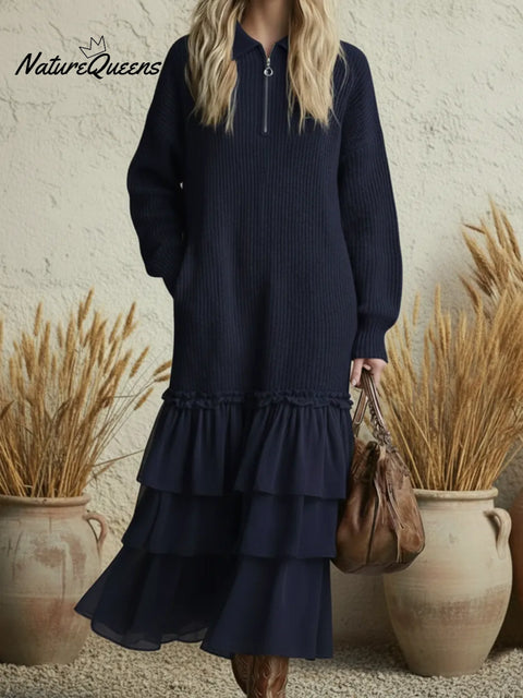 Retro Romantic Multi-layered Ruffled Hem Knit Dress