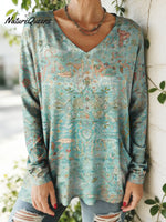 Women's Floral Nationality Pattern Art Print V-neck Casual Cotton T-shirt