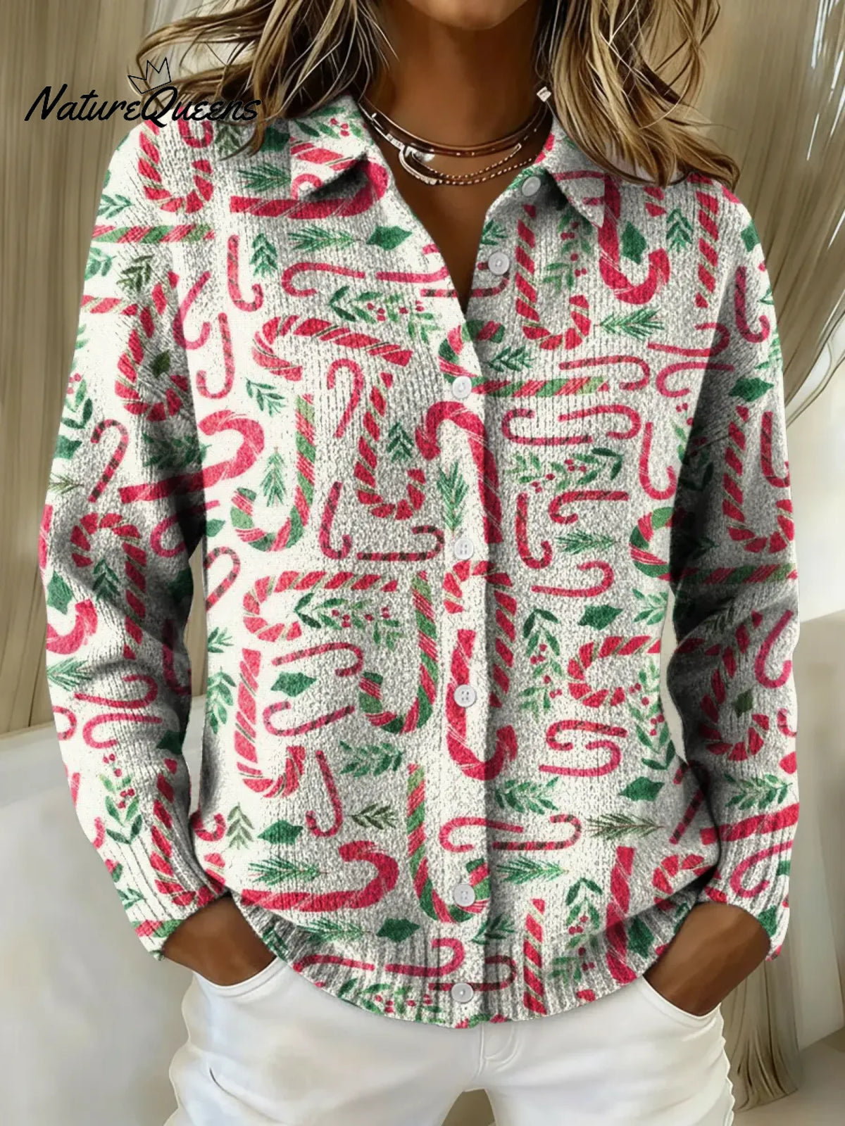 Women's Candy Cane Printed Collared Sweater