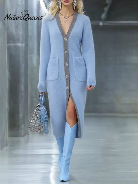 Women's Color-blocked Long Cardigan Sweater Dress