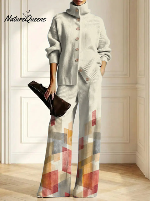 Women's Geometric Art Print Casual Cotton Knitted Suits
