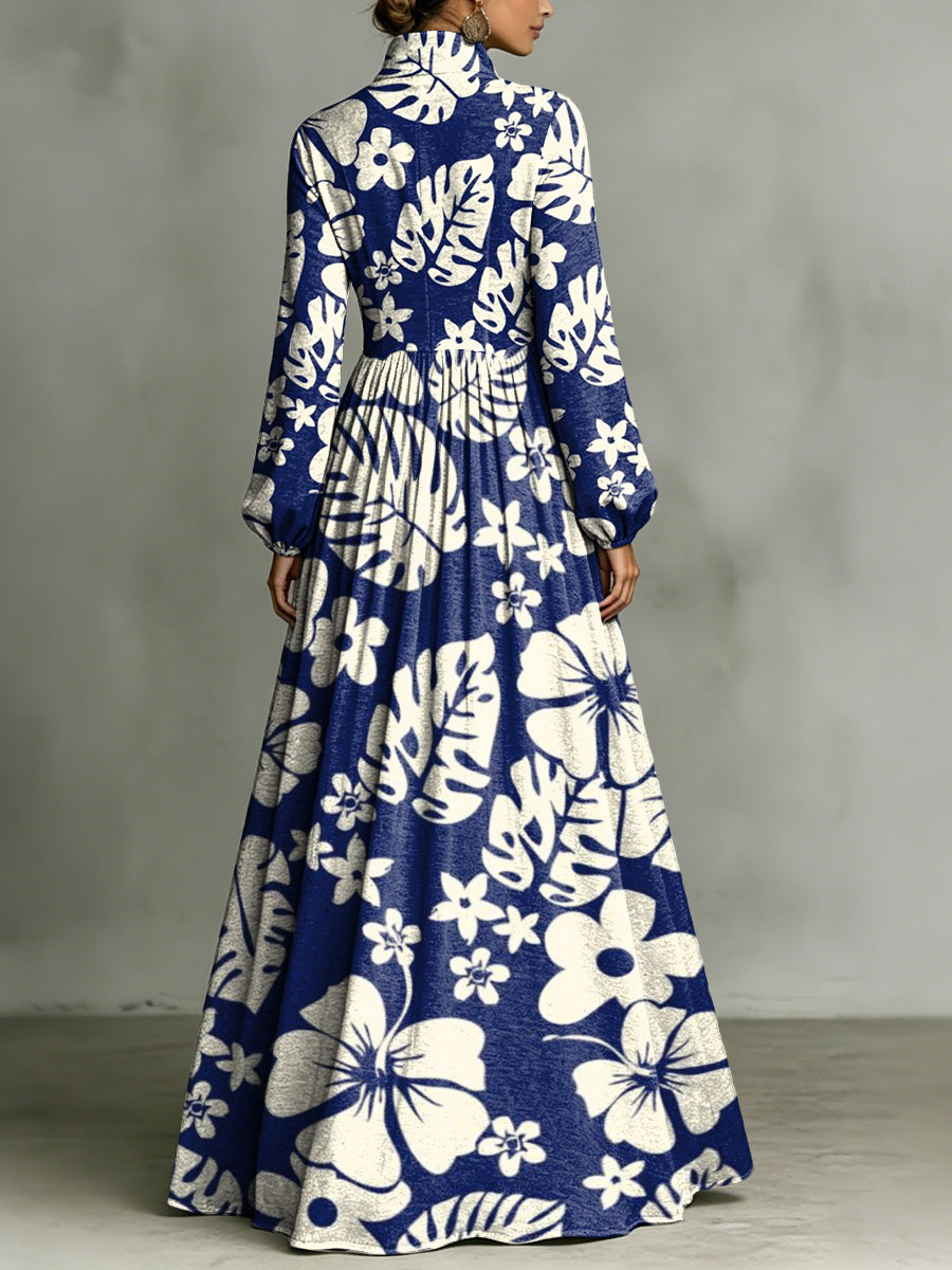 Vacation-style Large Floral Decorative Pattern Women's Long Sleeve Shirt Collar Dress