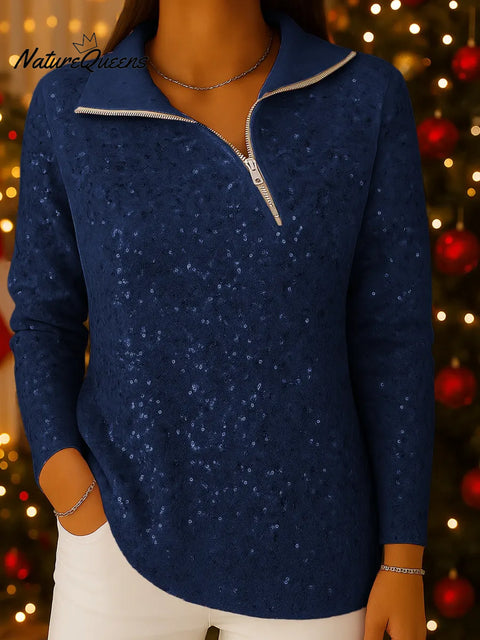 Women's Gradient Print Collared Long Sleeve Casual Loose Sequined Knit Cardigan