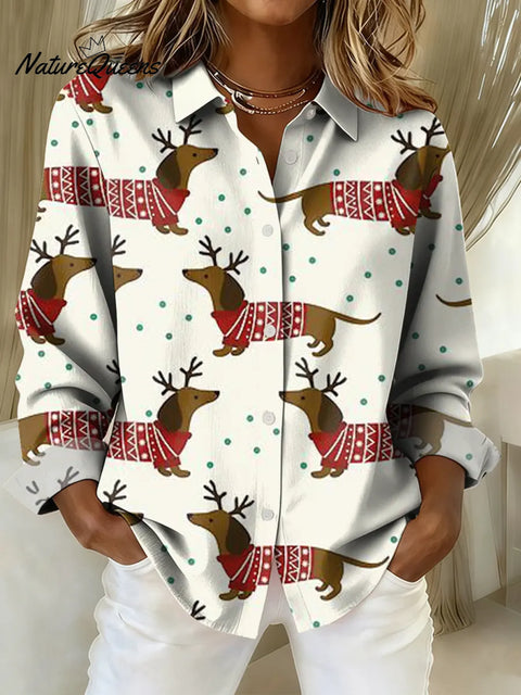 Women's Funny Christmas Dog Art Print Casual Cotton Shirt