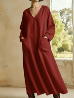 Casual And Cozy V-neck Loose-fitting Linen Dress