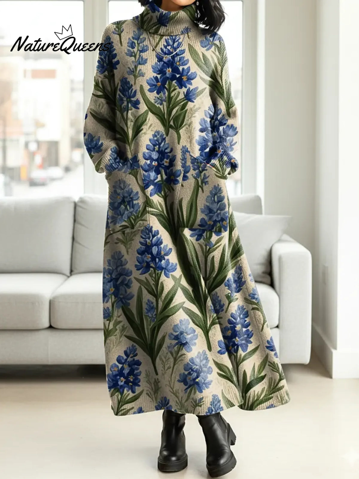 Women's Lavender Floral Art Print Casual Cotton Knitted Dress