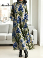 Women's Lavender Floral Art Print Casual Cotton Knitted Dress