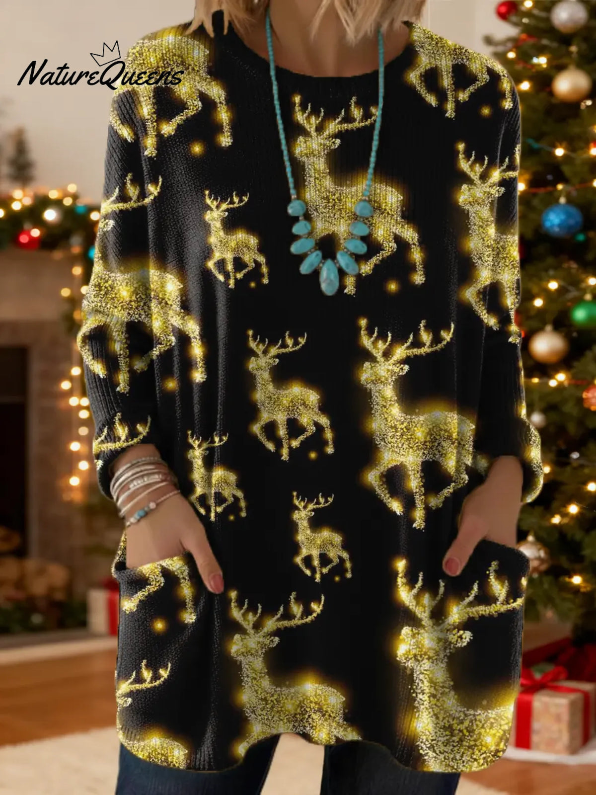 Women's Christmas Deer Pattern Art Print Casual Cotton Knitted Sweater