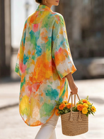 Artistic Watercolor Print Cotton-linen Cardigan & Vest Two-piece Set