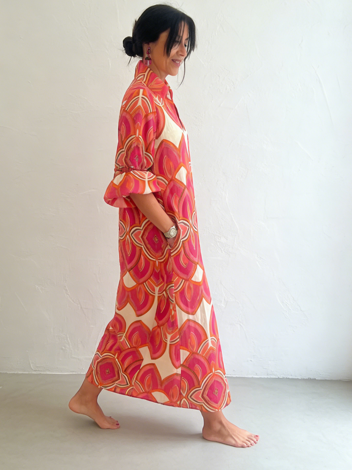 Retro Stand-up Collar Floral Print Loose Linen Cotton Dress