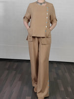 Women's Cozy Striped Linen And Cotton Top And Pants Two-piece Set.