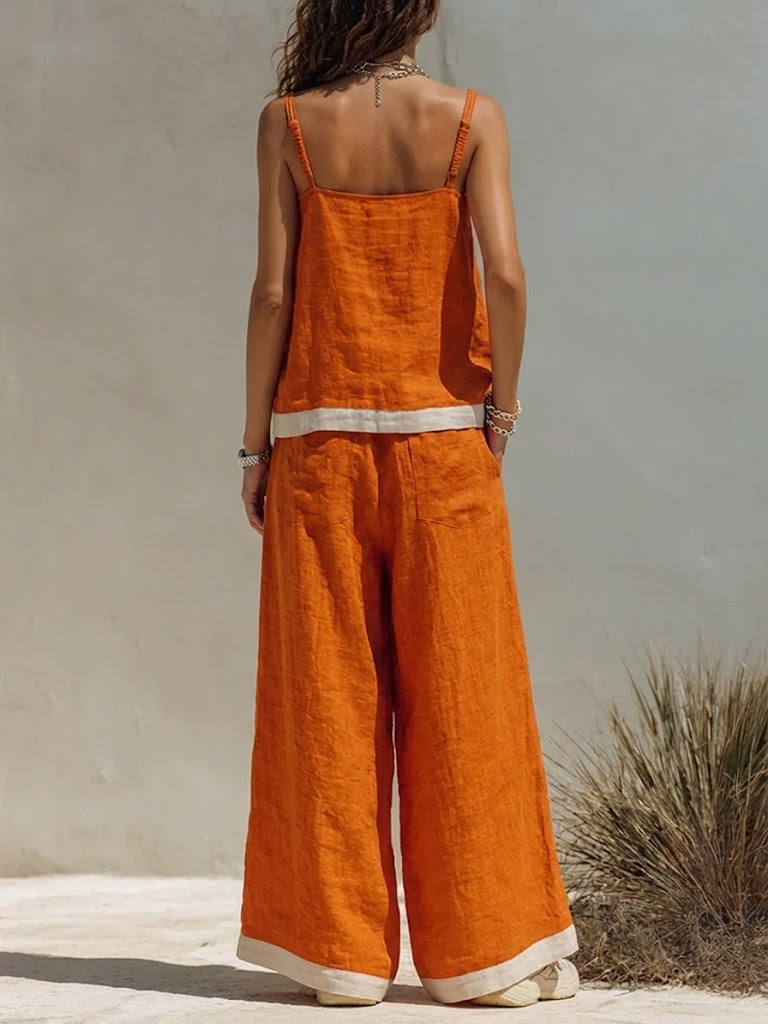Women's Vacation Style Orange And White Color-block Linen Two-piece Set