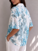 Artistic Watercolor-effect Floral Print Polo Collar Cotton-linen Shirt Top