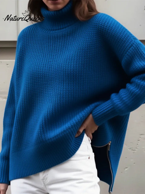 Casual Turtleneck Sweater Top With Side Zipper