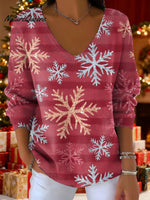 Women's Christmas Gradient Snowflake Pattern Art Print V-neck Solid Color Loose Shiny Sweater