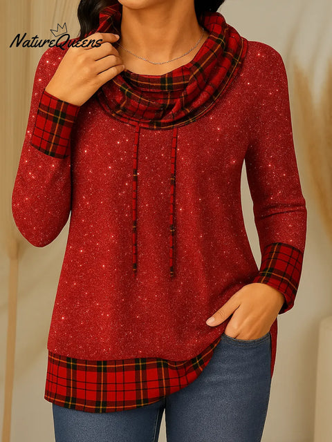Women's Plaid Print Splicing Drawstring Collar Long Sleeve Casual Loose Top