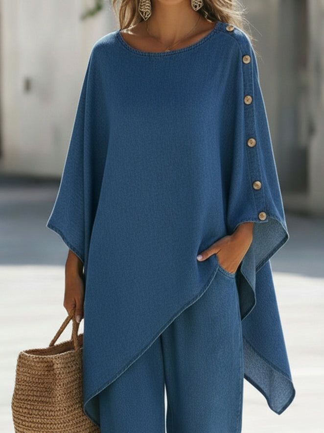 Casual Denim Button-down Top And Wide-leg Pants Two-piece Set