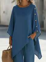 Casual Denim Button-down Top And Wide-leg Pants Two-piece Set