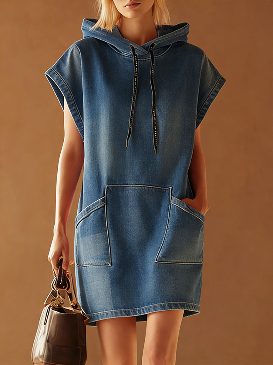 Women's Short-sleeved Casual Loose Hooded Denim Dress