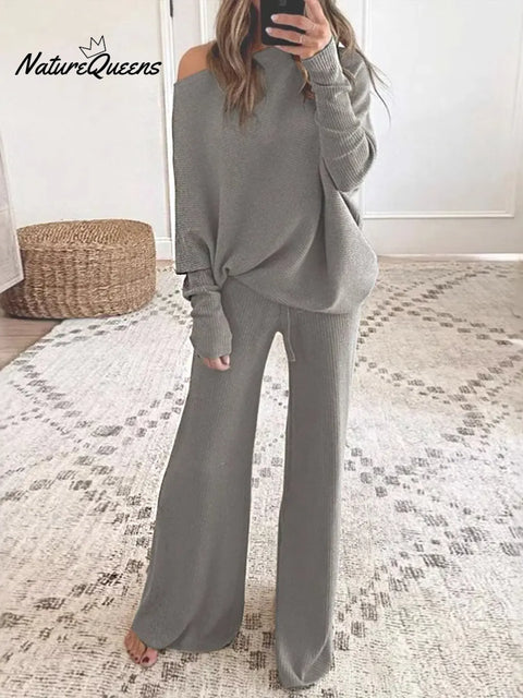 Women's Solid Color Round Neck Long Sleeve Casual Loose Knit Top and High Waist Casual Loose Wide-Leg Pants Set