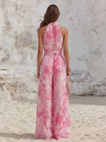 Vacation-style Sleeveless Strappy Top And Printed Chiffon Pants Set