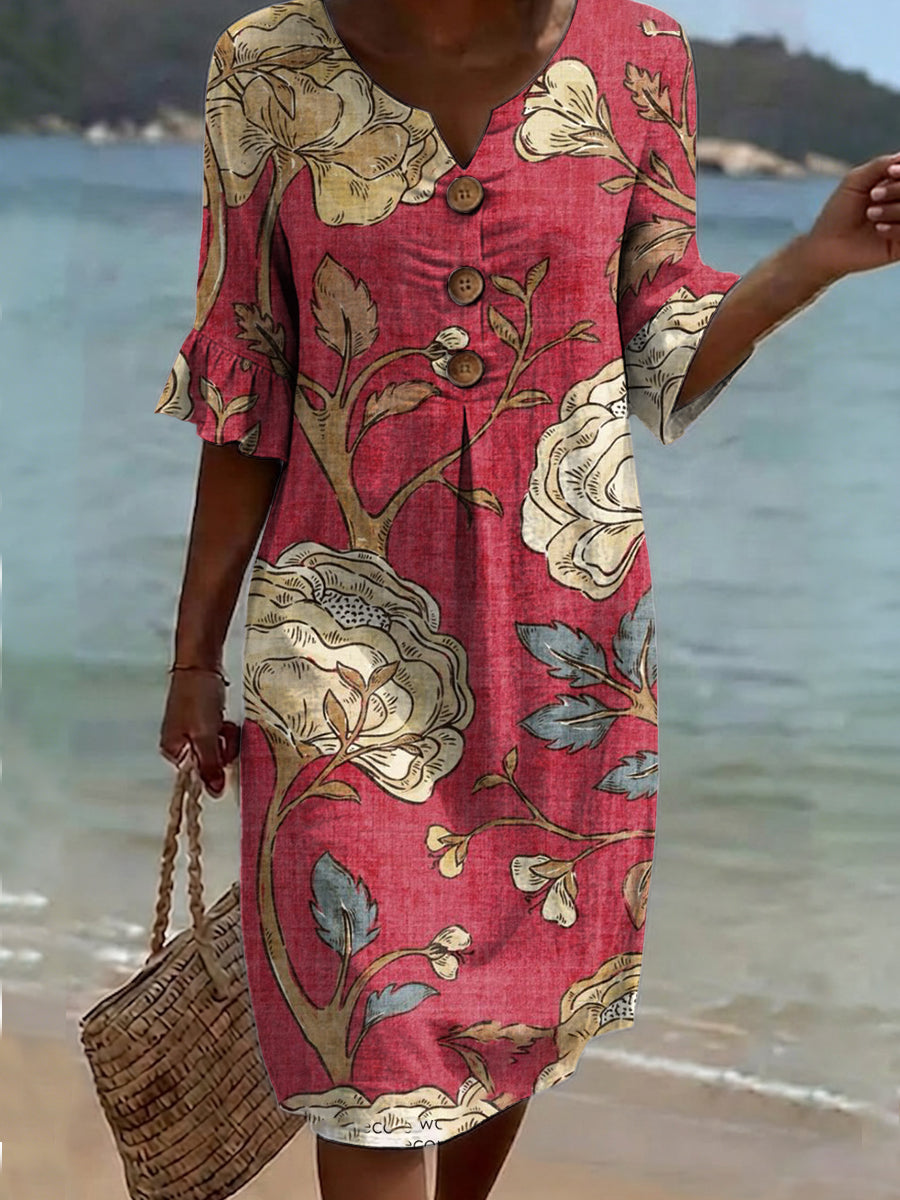 Women's Floral Print Casual Cotton-Linen Dress