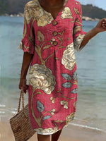Women's Floral Print Casual Cotton-Linen Dress