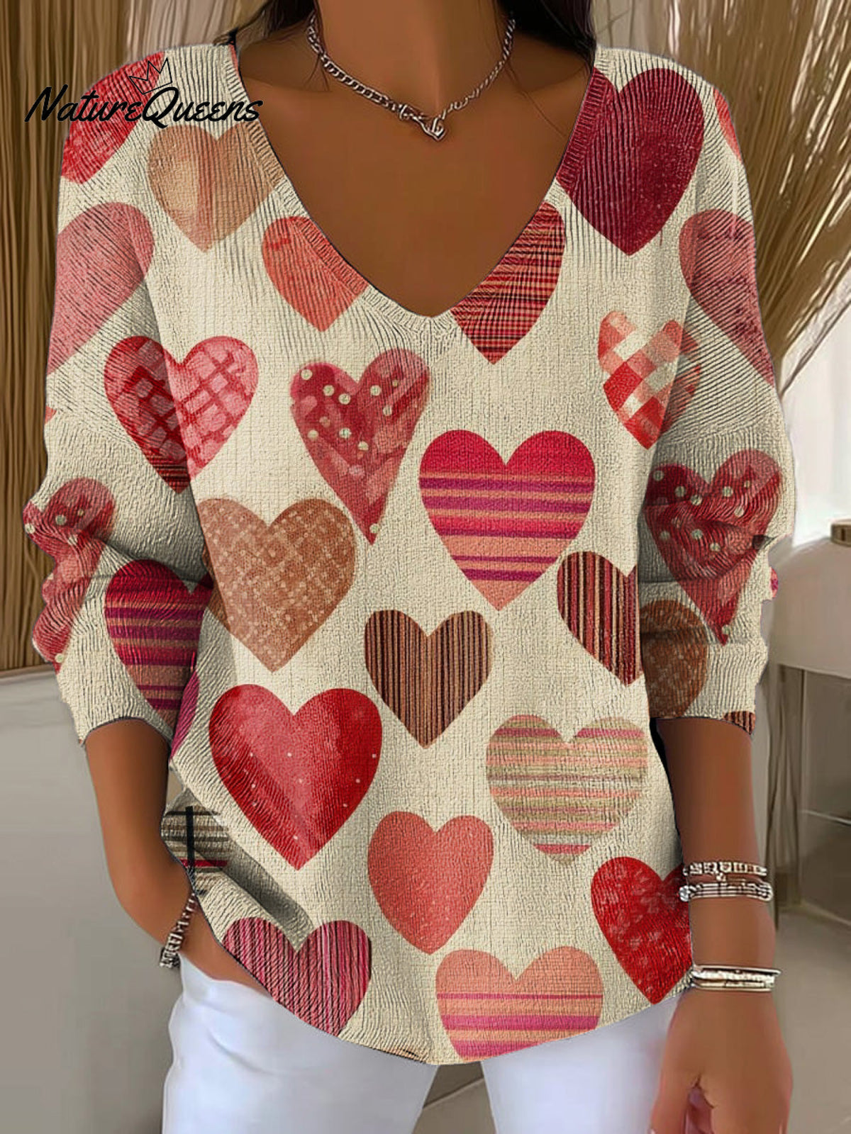 Valentine's Day Scrapbook-style Heart Decorative Pattern Women's Casual V Collar Long Sleeve Sweater