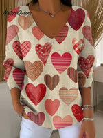 Valentine's Day Scrapbook-style Heart Decorative Pattern Women's Casual V Collar Long Sleeve Sweater