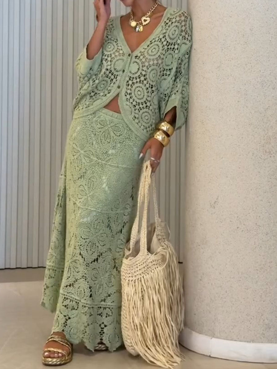 Women's Bohemian Set: V-neck 3/4-sleeve Casual Loose Crochet Cardigan & High-waisted Skirt