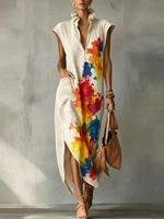 Women's Sleeveless Cotton-linen Dress — Ruffled Neckline, Artistic Graffiti Splatter Print