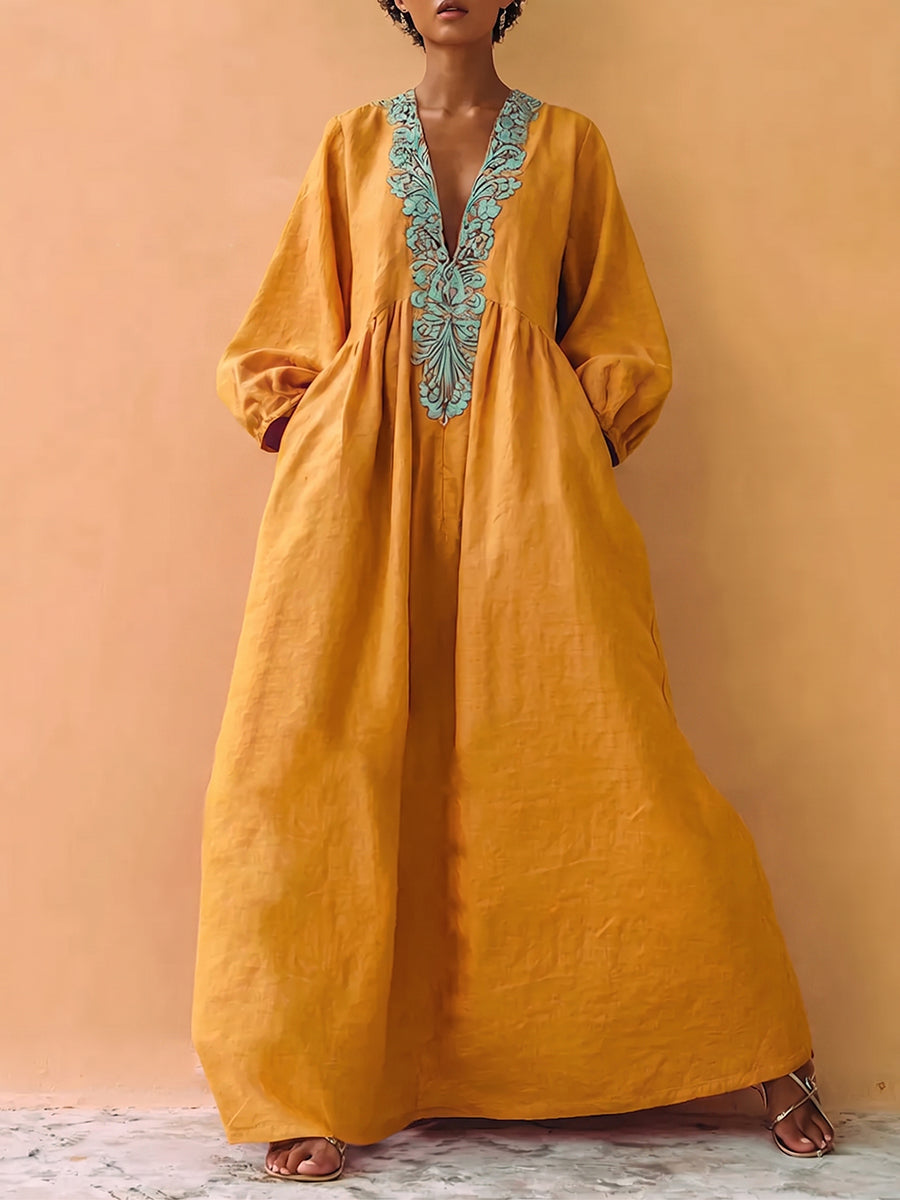 Boho Artistic Print Cotton-linen Maxi Dress