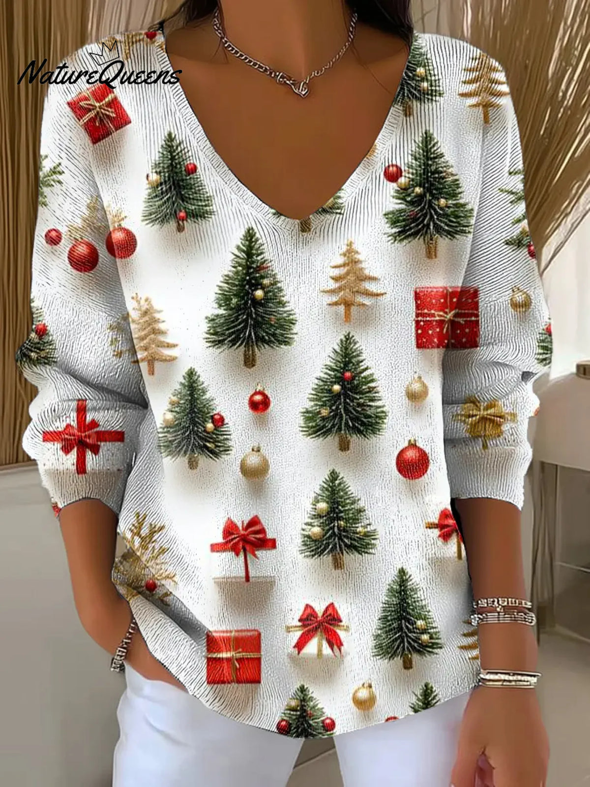 Christmas Printed Casual V-neck Sweater