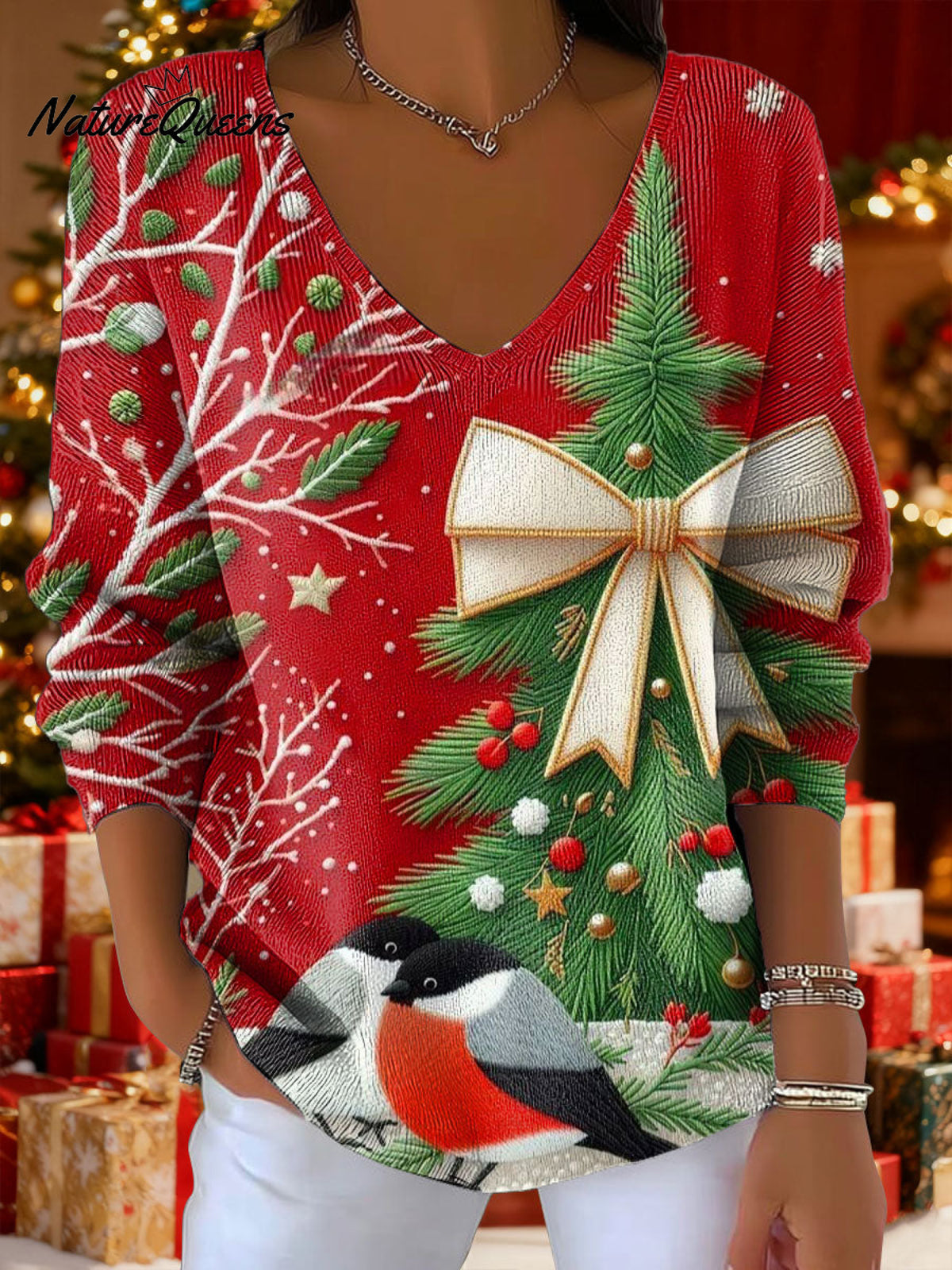 Women's Christmas Pattern Snow Trees Art Pattern Art Print V-neck Solid Color Loose Shiny Sweater