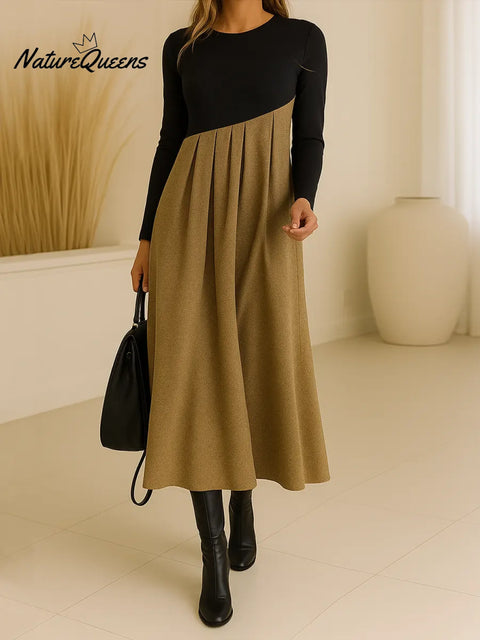 Women's Color-blocked Round Neck Long-sleeved Casual Loose A-line Dress