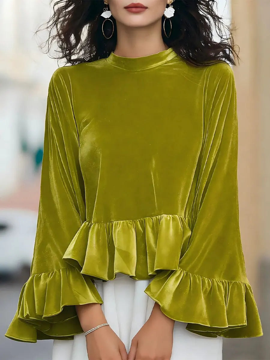 Women's Solid Color Ruffled Art Casual Long Sleeve Velvet Shirt
